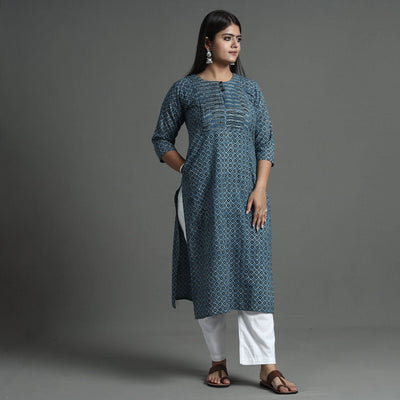 Blue - Akola Hand Block Printed Cotton Pintuck Straight Kurta