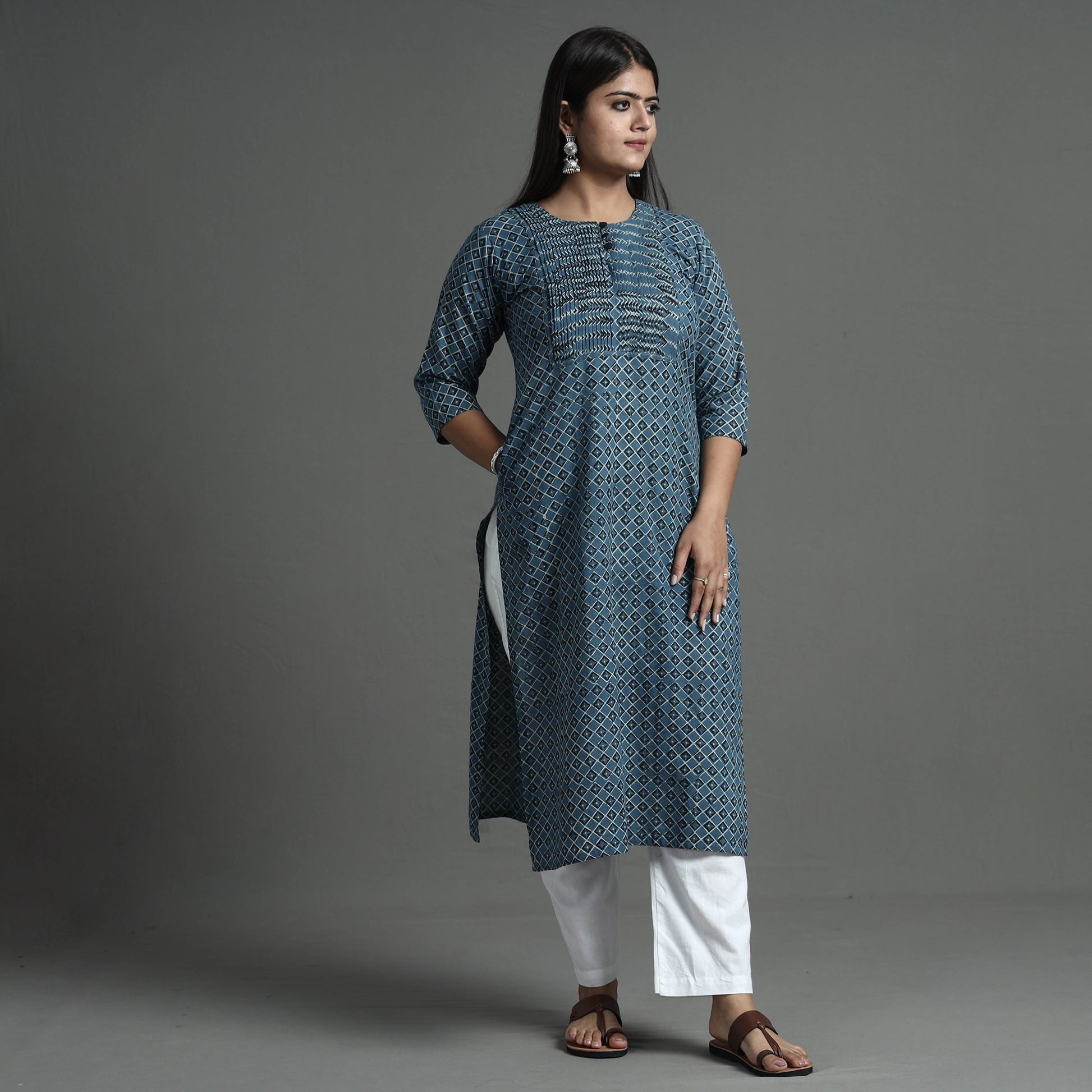 Blue - Akola Hand Block Printed Cotton Pintuck Straight Kurta