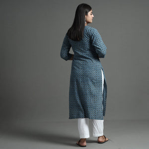 Blue - Akola Hand Block Printed Cotton Pintuck Straight Kurta