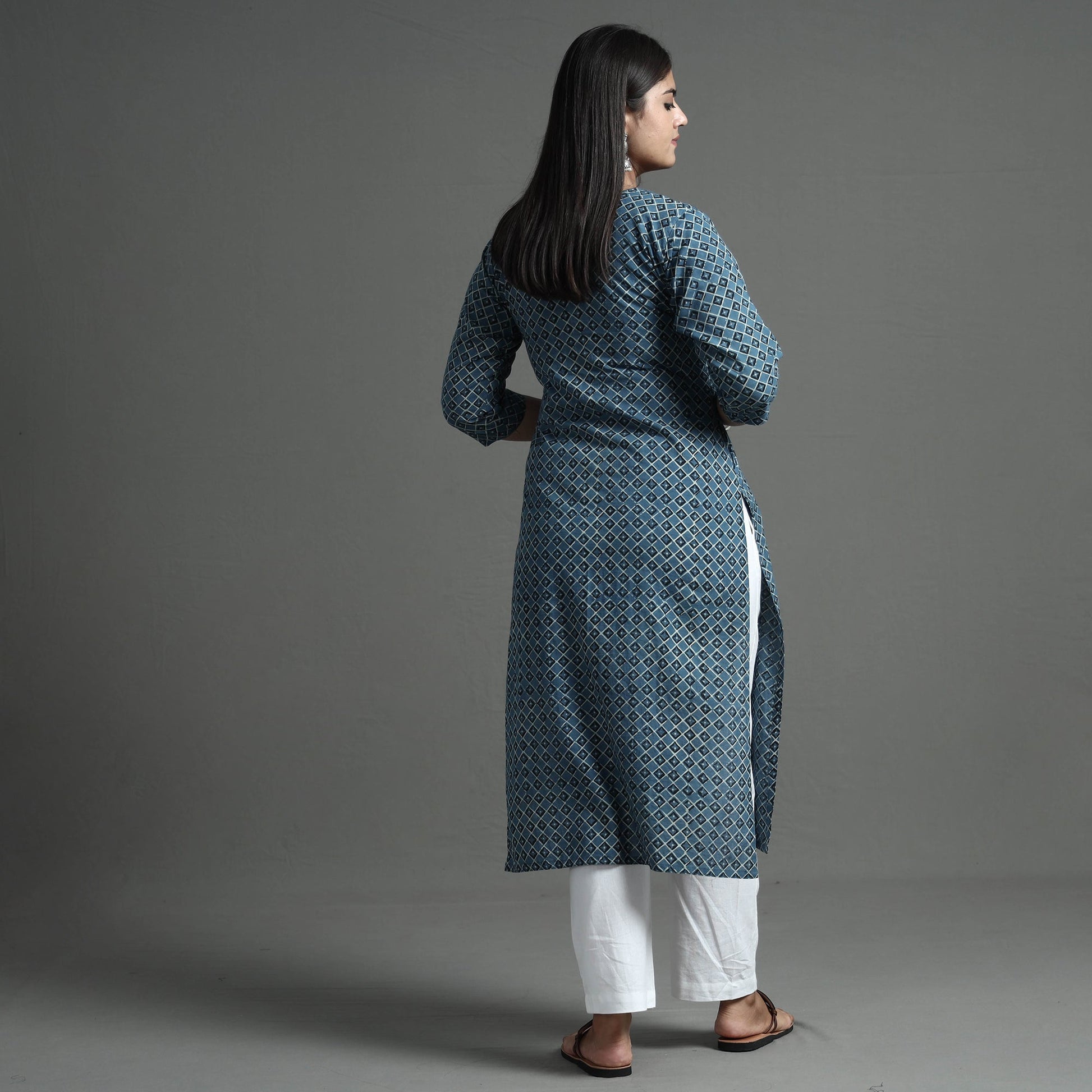 Blue - Akola Hand Block Printed Cotton Pintuck Straight Kurta