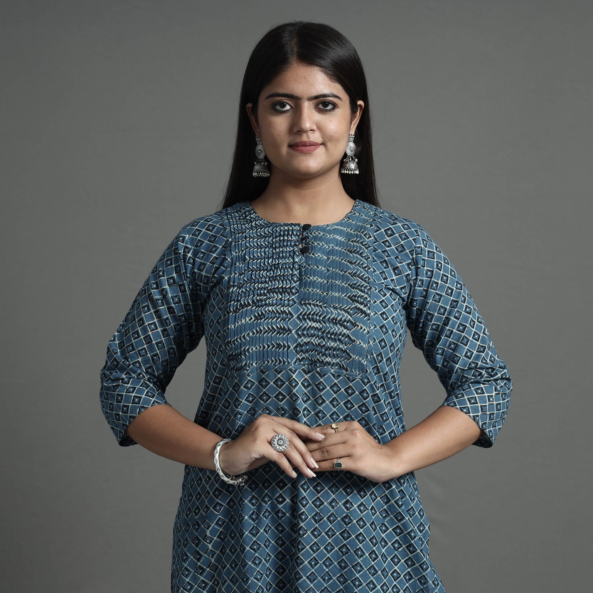Blue - Akola Hand Block Printed Cotton Pintuck Straight Kurta