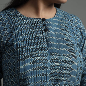Blue - Akola Hand Block Printed Cotton Pintuck Straight Kurta