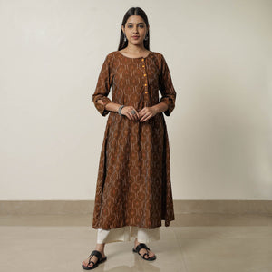 Brown - Pochampally Ikat Weave Cotton A-Line Kurta 08