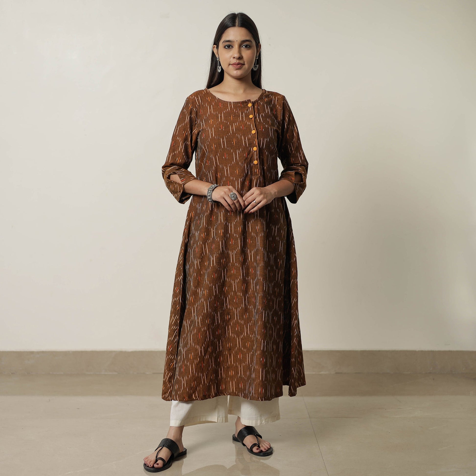 Brown - Pochampally Ikat Weave Cotton A-Line Kurta 08