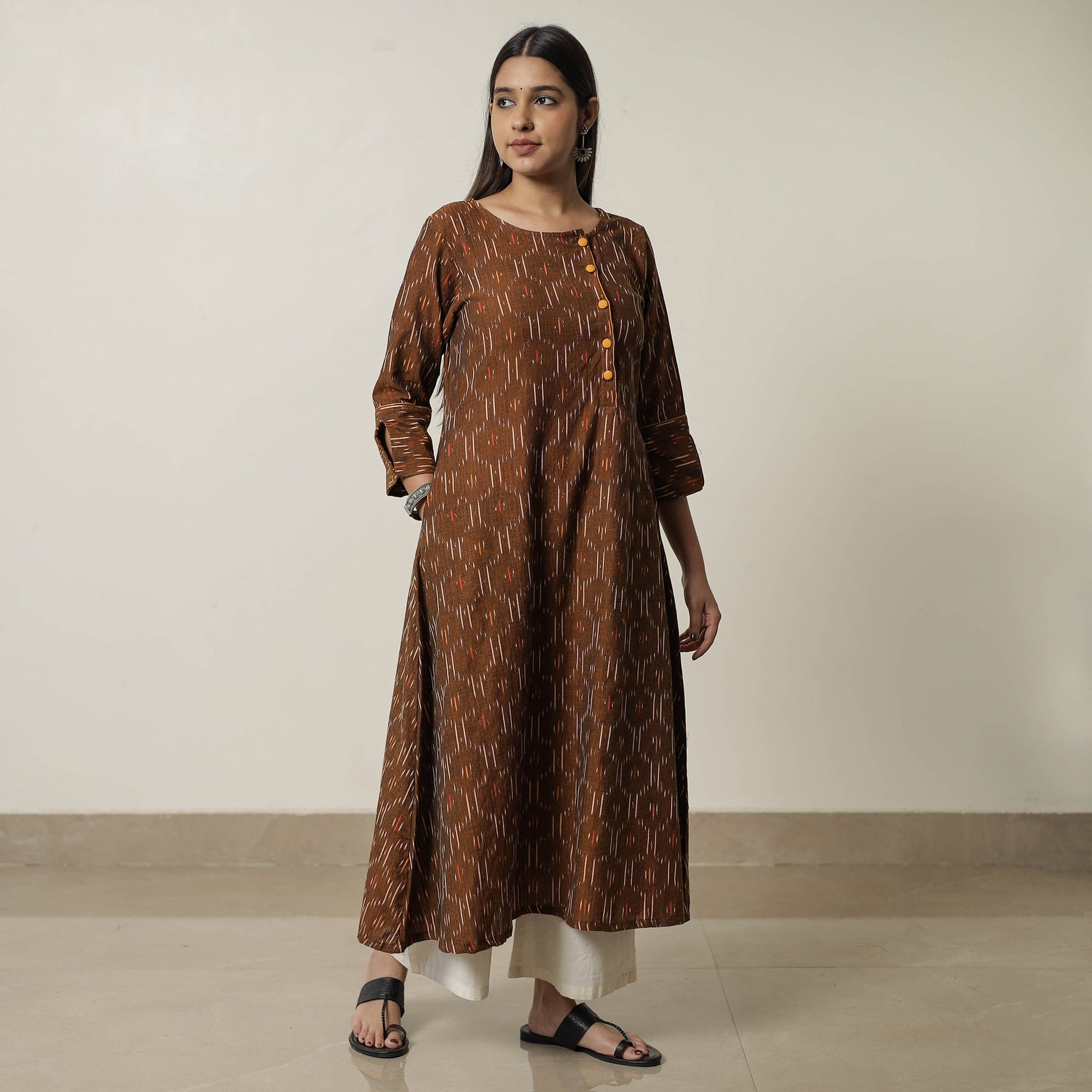 Brown - Pochampally Ikat Weave Cotton A-Line Kurta 08