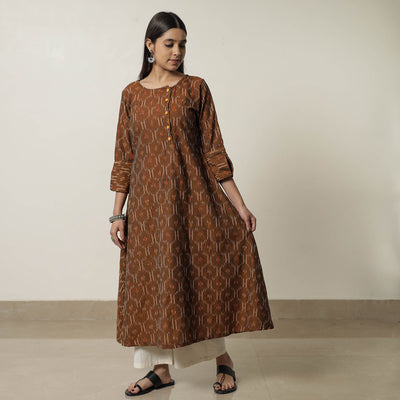 Brown - Pochampally Ikat Weave Cotton A-Line Kurta 08