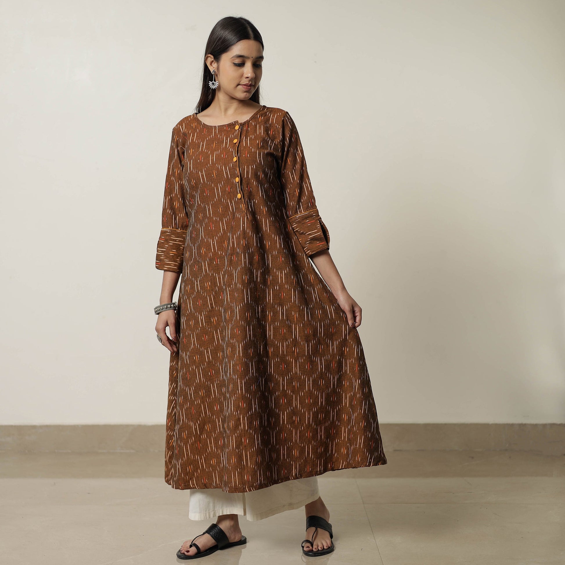 Brown - Pochampally Ikat Weave Cotton A-Line Kurta 08