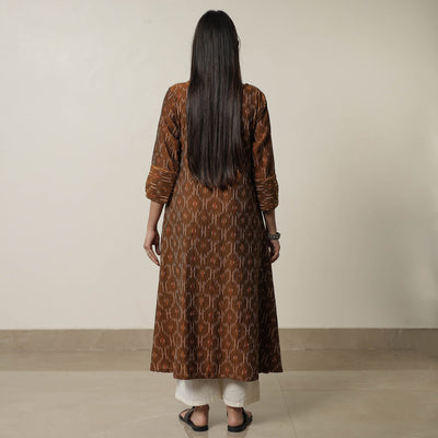 Brown - Pochampally Ikat Weave Cotton A-Line Kurta 08