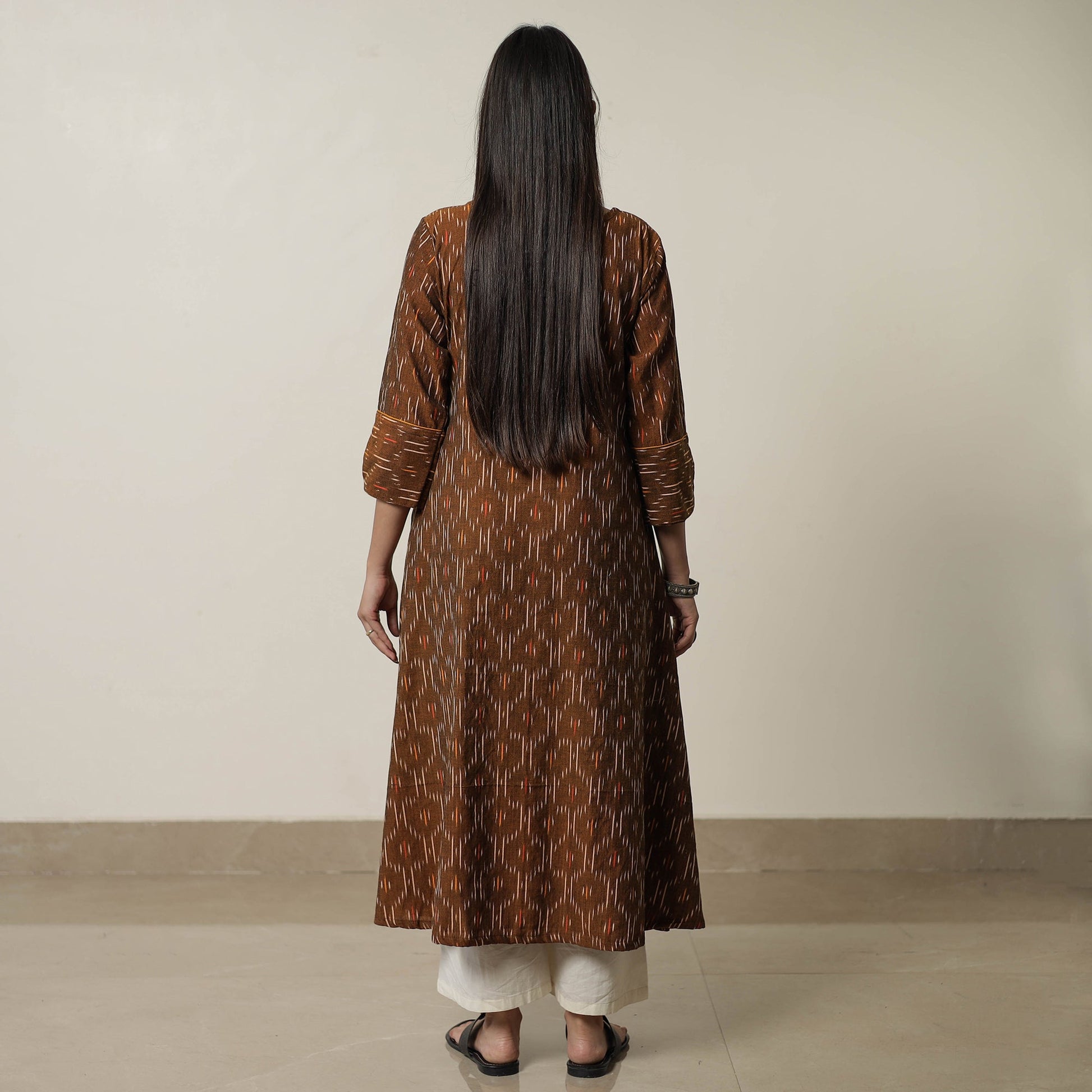 Brown - Pochampally Ikat Weave Cotton A-Line Kurta 08