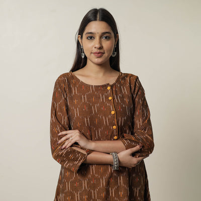 Brown - Pochampally Ikat Weave Cotton A-Line Kurta 08