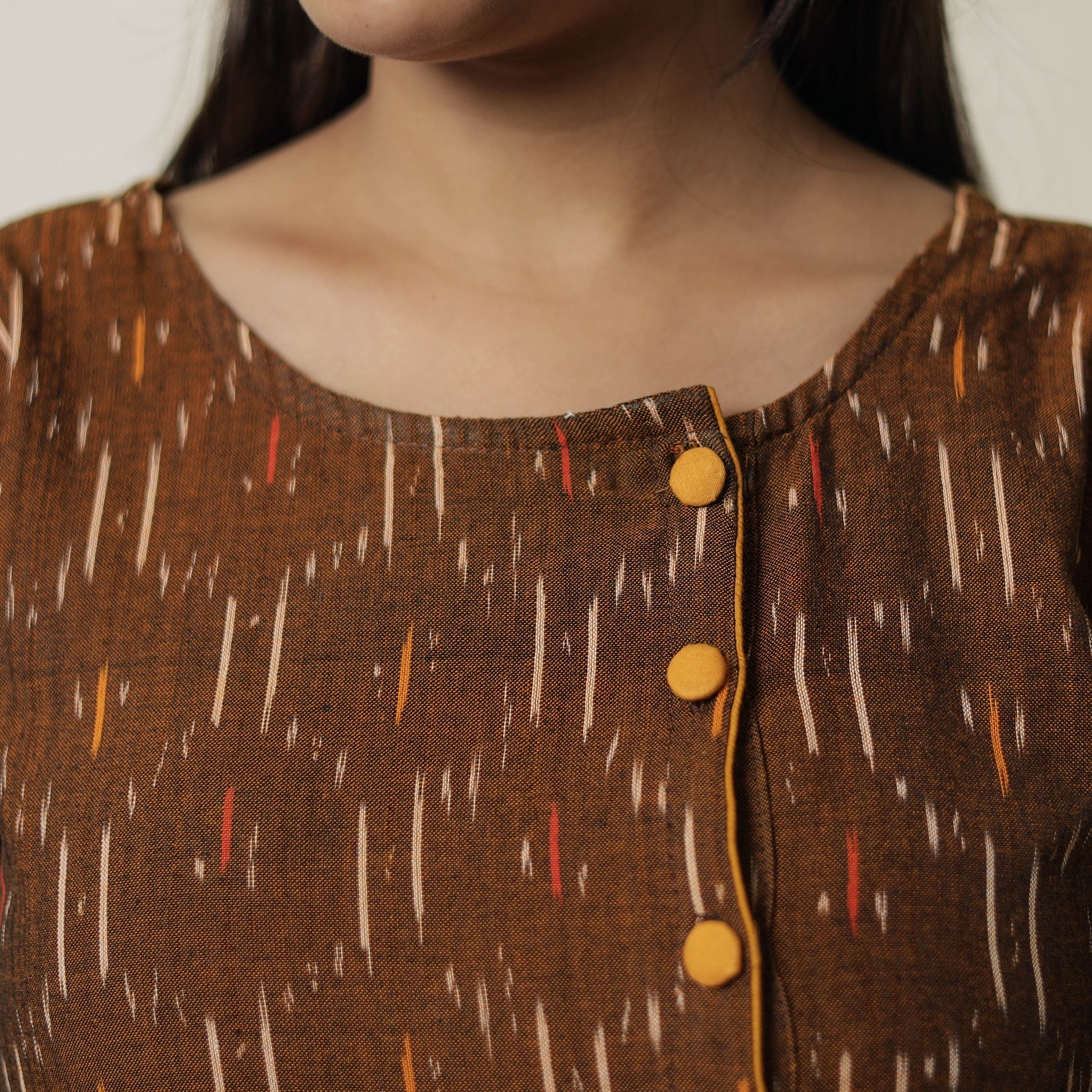 Brown - Pochampally Ikat Weave Cotton A-Line Kurta 08