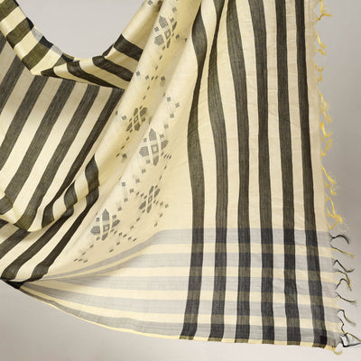 Brown - Black & Light Yellow Mulberry Silk Saree with Plain Olive Green Body