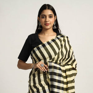 Brown - Black & Light Yellow Mulberry Silk Saree with Plain Olive Green Body