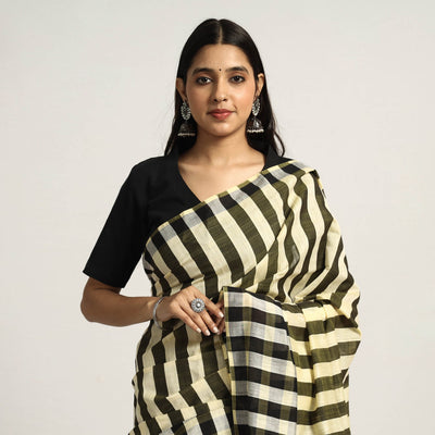 Brown - Black & Light Yellow Mulberry Silk Saree with Plain Olive Green Body