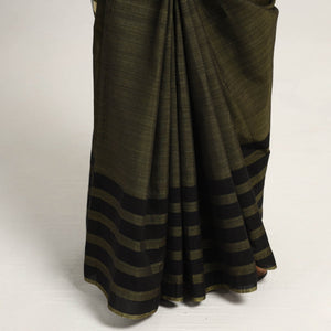 Brown - Black & Light Yellow Mulberry Silk Saree with Plain Olive Green Body