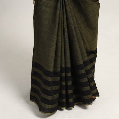 Brown - Black & Light Yellow Mulberry Silk Saree with Plain Olive Green Body