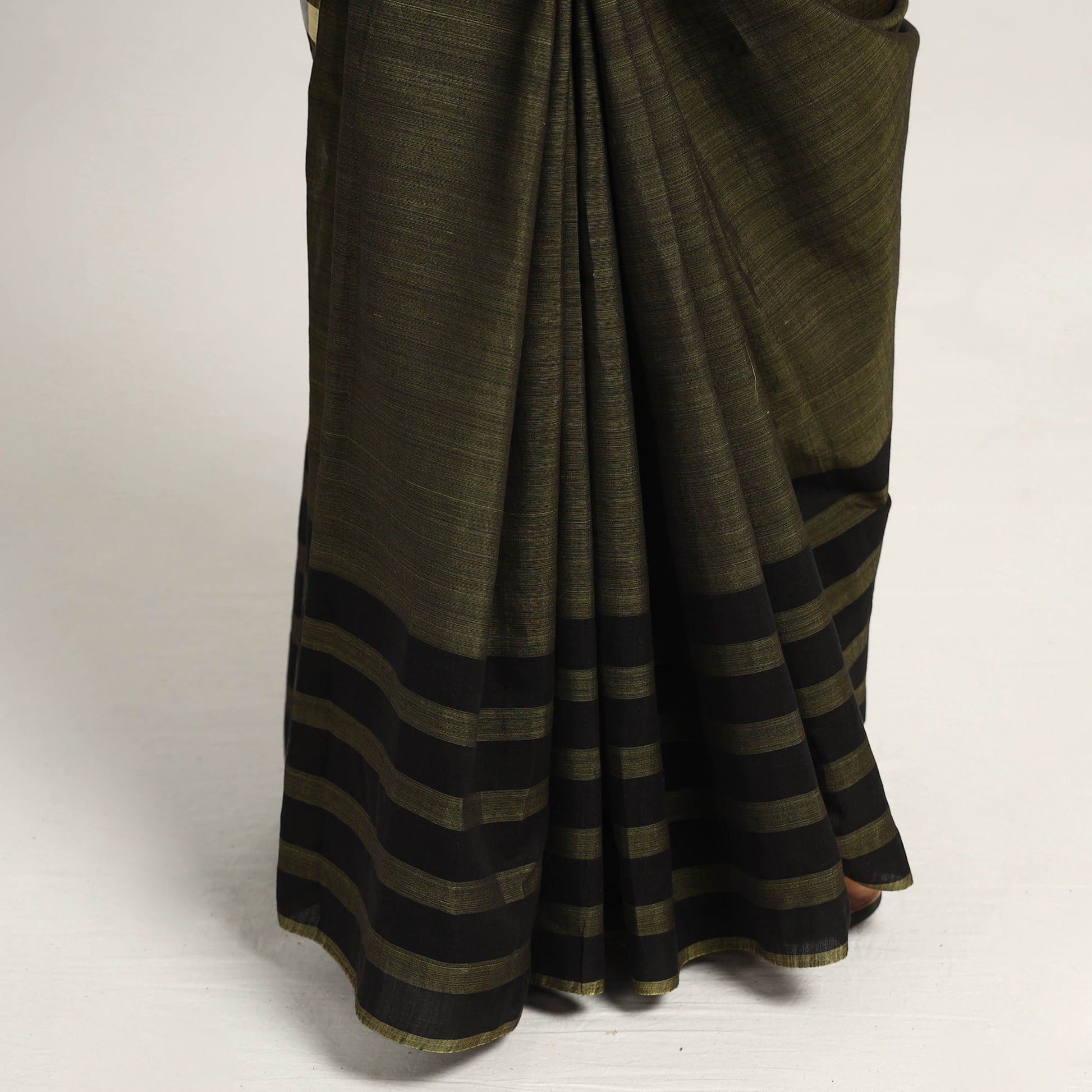 Brown - Black & Light Yellow Mulberry Silk Saree with Plain Olive Green Body