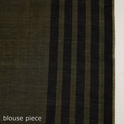 Brown - Black & Light Yellow Mulberry Silk Saree with Plain Olive Green Body