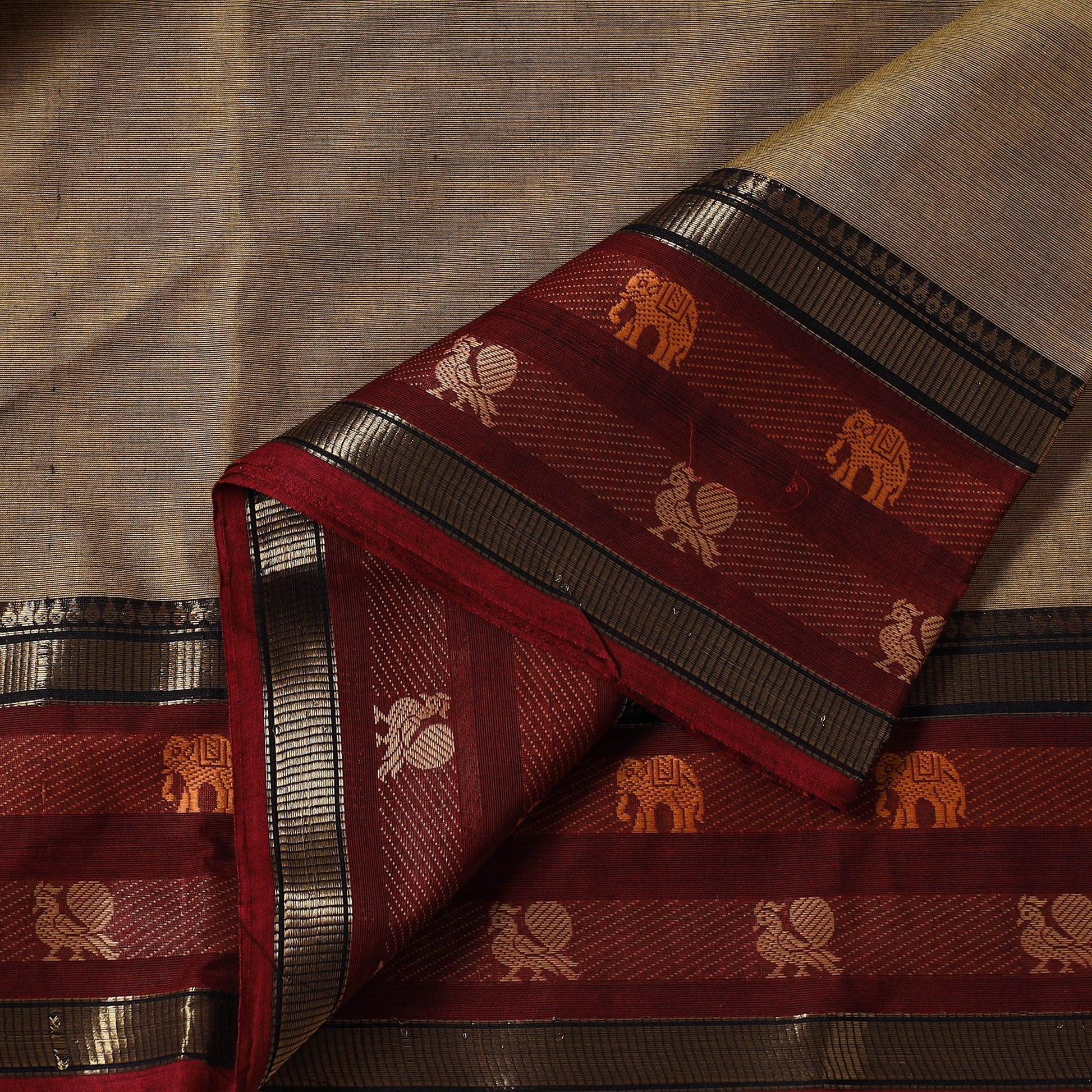 Brown - Kanchipuram Cotton Fabric with Thread Zari Border 35
