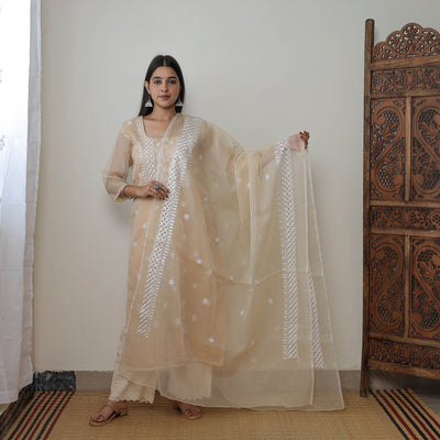 Beige - Kota Doria Cotton Embroidery Kurta Suit Set 10