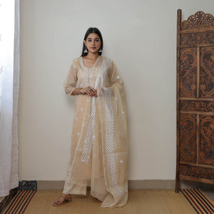Beige - Kota Doria Cotton Embroidery Kurta Suit Set 10