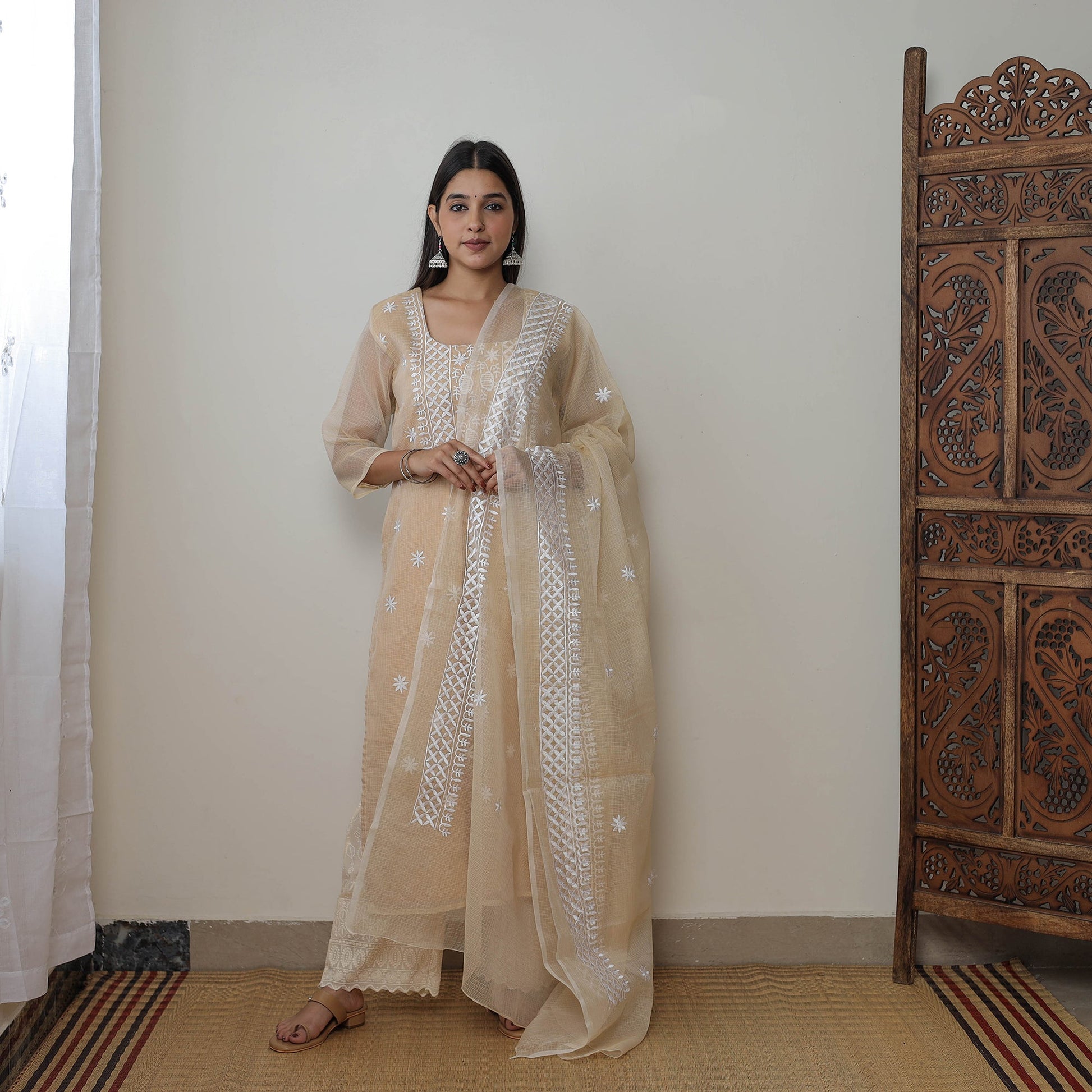 Beige - Kota Doria Cotton Embroidery Kurta Suit Set 10