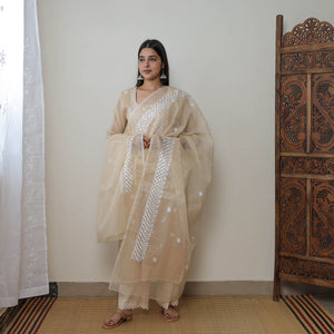 Beige - Kota Doria Cotton Embroidery Kurta Suit Set 10