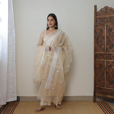 Beige - Kota Doria Cotton Embroidery Kurta Suit Set 10