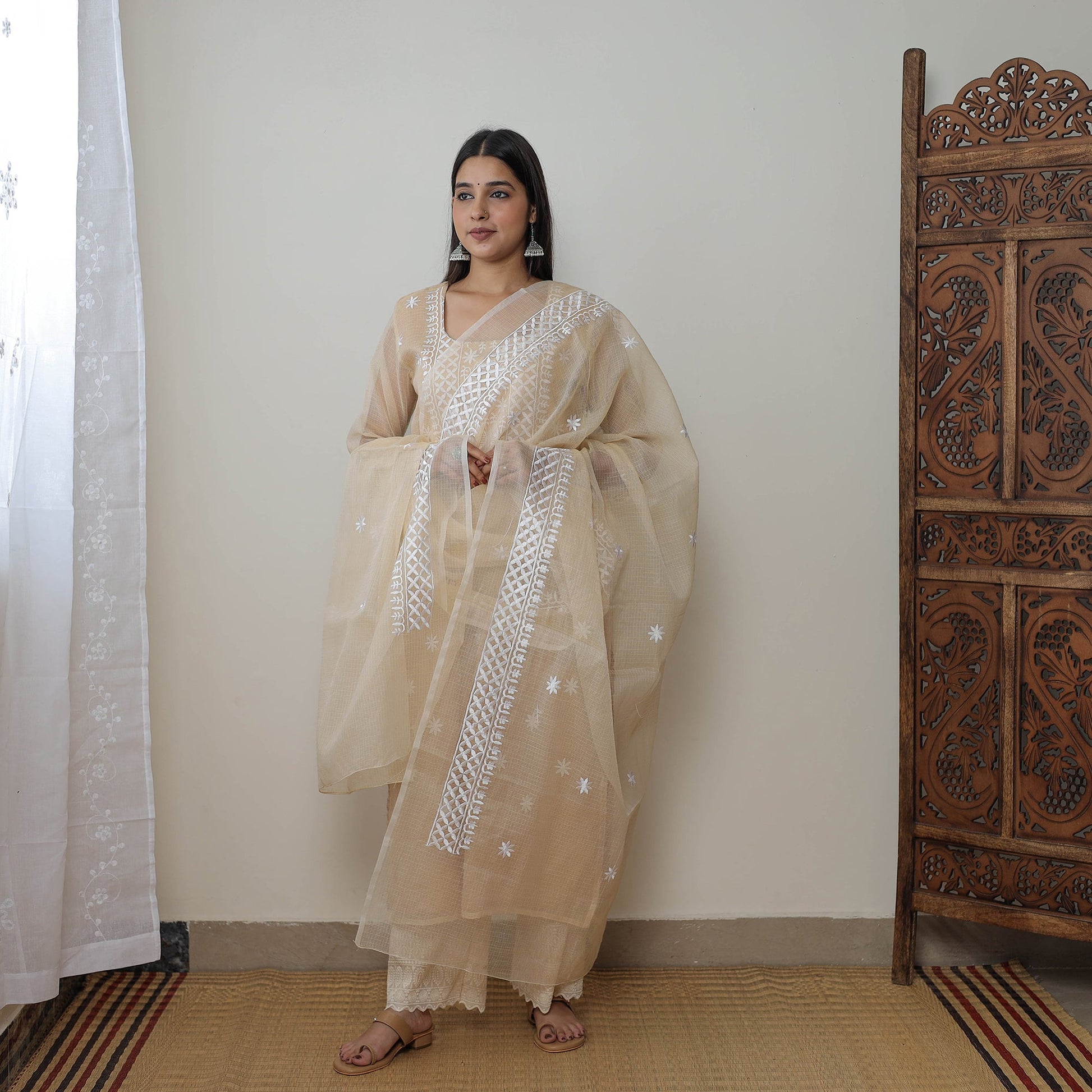 Beige - Kota Doria Cotton Embroidery Kurta Suit Set 10