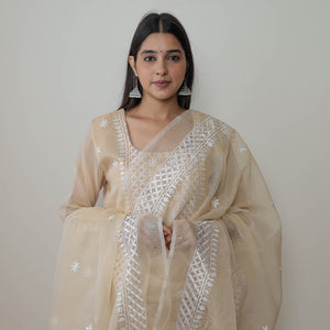 Beige - Kota Doria Cotton Embroidery Kurta Suit Set 10