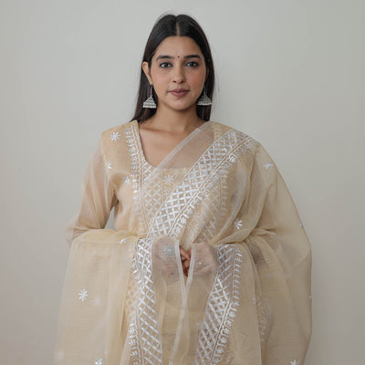 Beige - Kota Doria Cotton Embroidery Kurta Suit Set 10