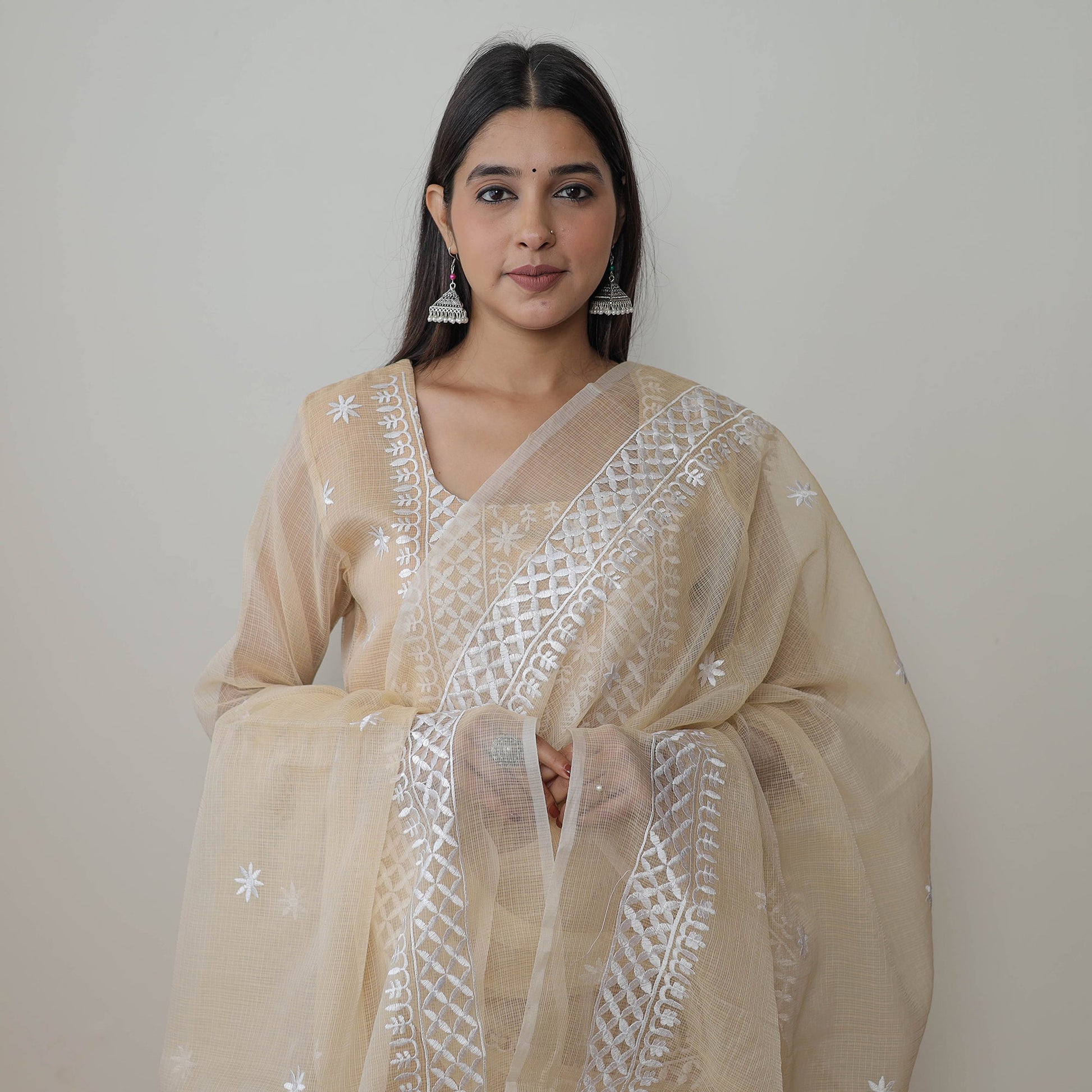 Beige - Kota Doria Cotton Embroidery Kurta Suit Set 10
