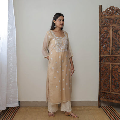 Beige - Kota Doria Cotton Embroidery Kurta Suit Set 10