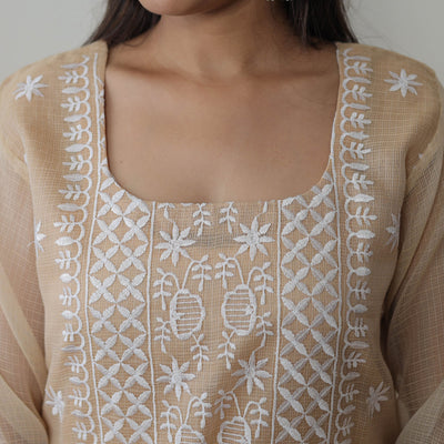 Beige - Kota Doria Cotton Embroidery Kurta Suit Set 10