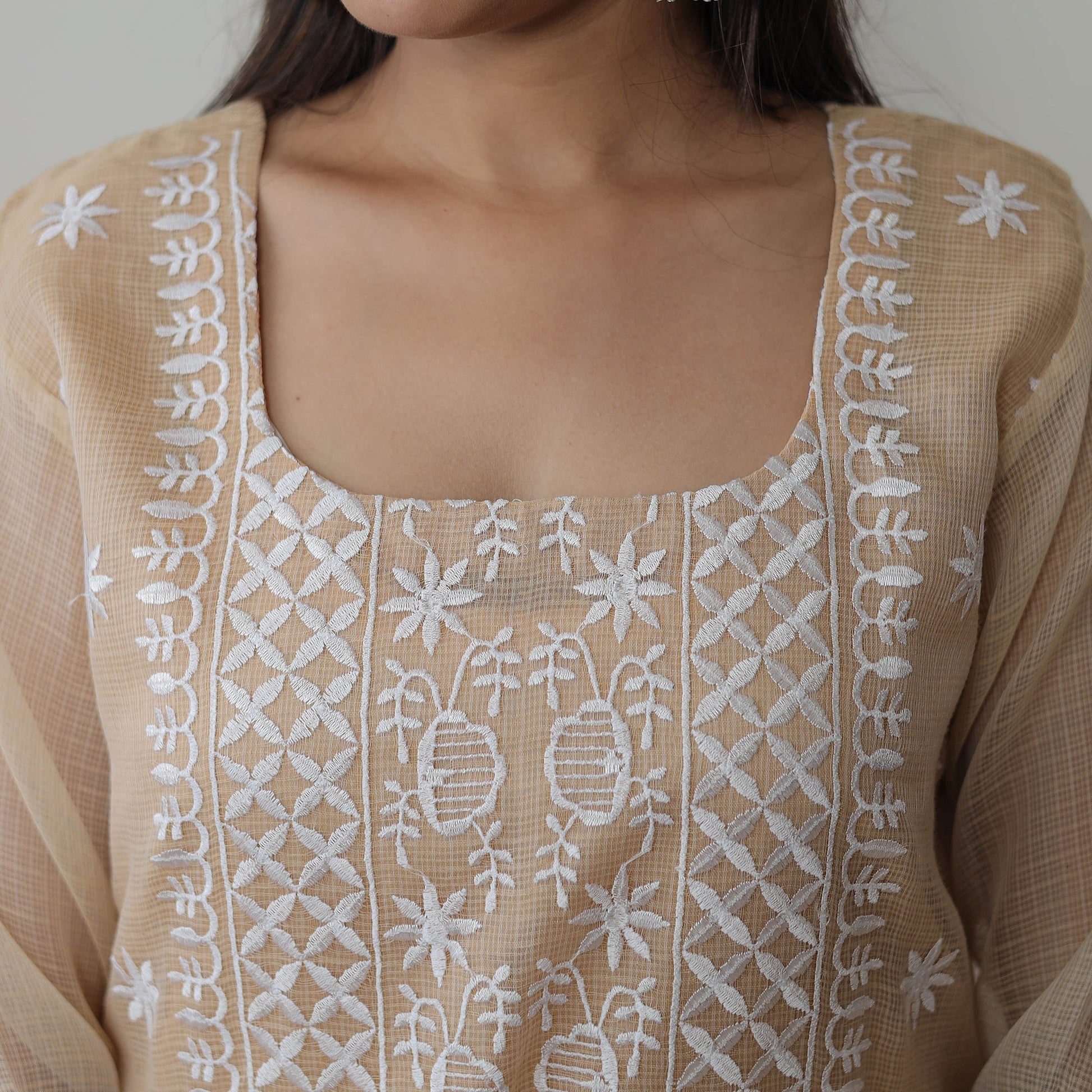 Beige - Kota Doria Cotton Embroidery Kurta Suit Set 10