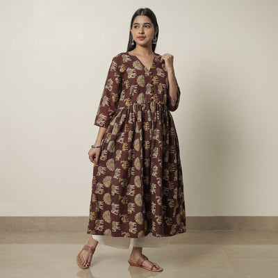 Brown - Kalamkari Printed Cotton Flared Kurta 06
