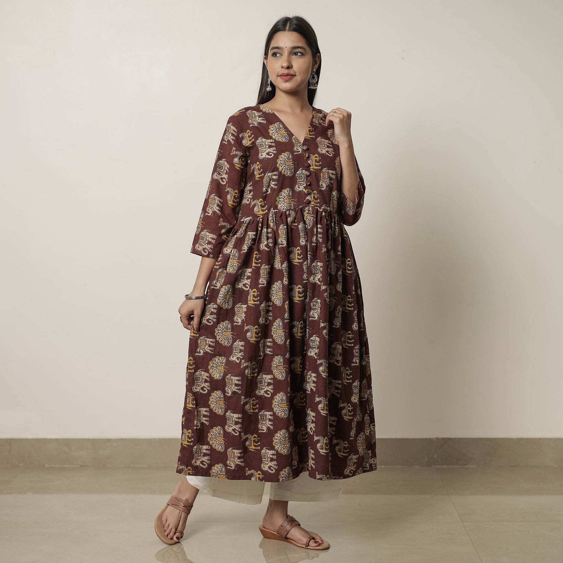 Brown - Kalamkari Printed Cotton Flared Kurta 06