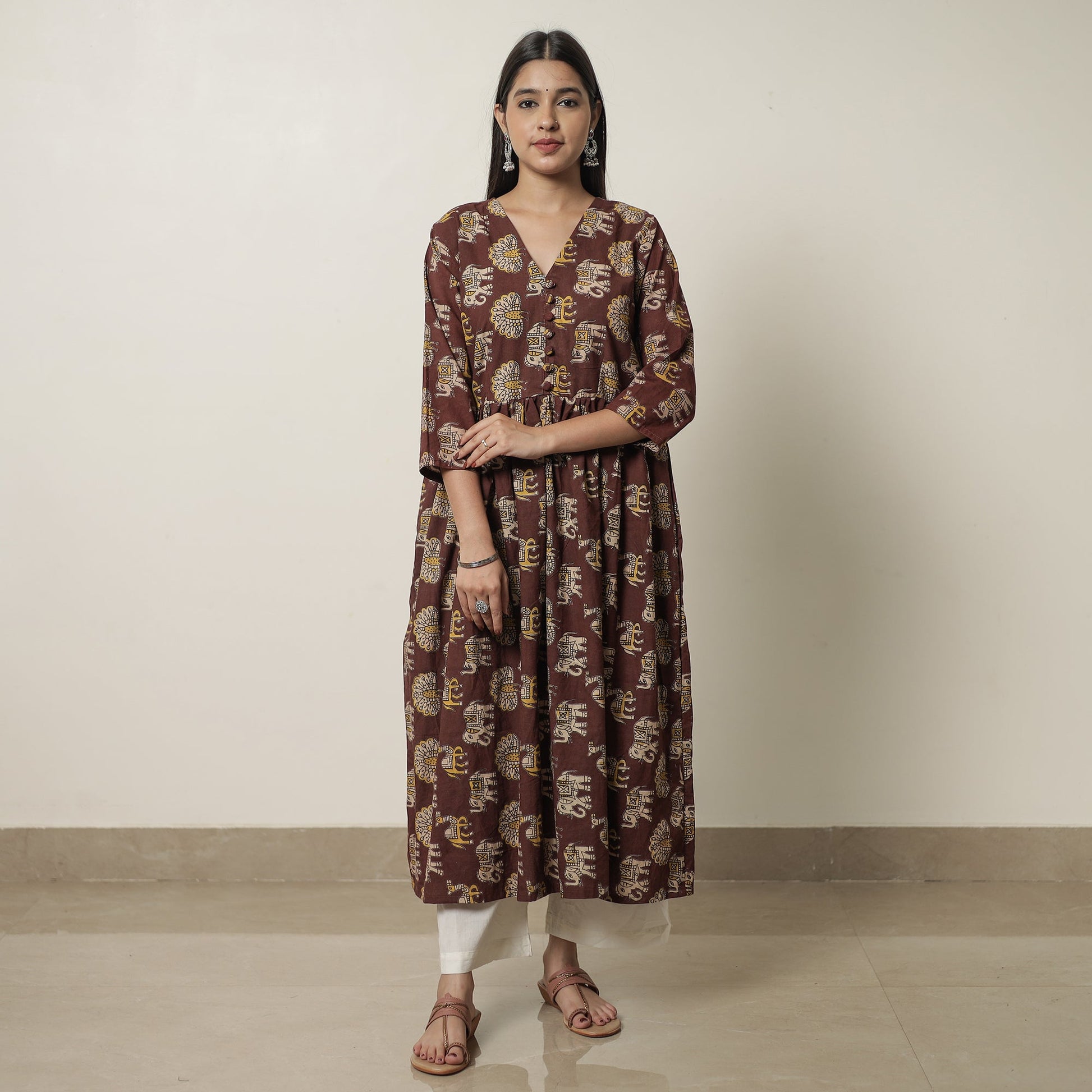Brown - Kalamkari Printed Cotton Flared Kurta 06