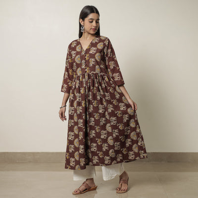 Brown - Kalamkari Printed Cotton Flared Kurta 06