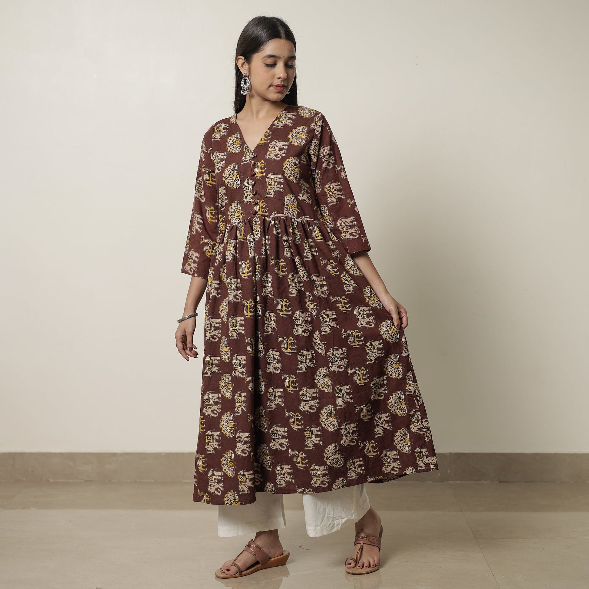 Brown - Kalamkari Printed Cotton Flared Kurta 06