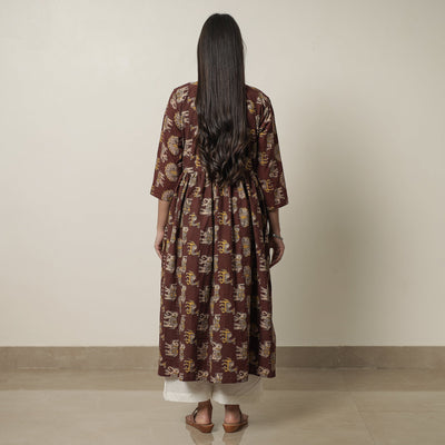Brown - Kalamkari Printed Cotton Flared Kurta 06