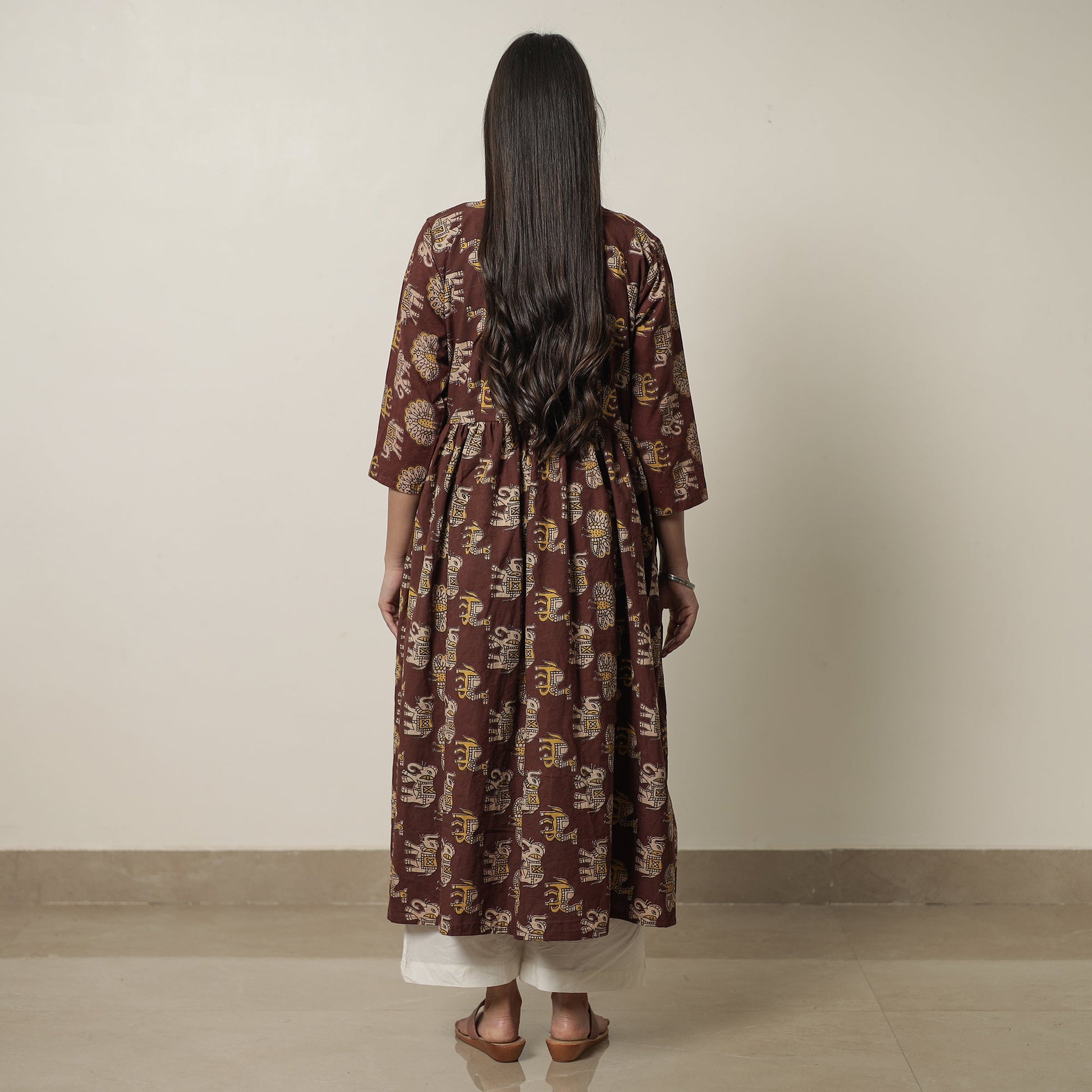 Brown - Kalamkari Printed Cotton Flared Kurta 06