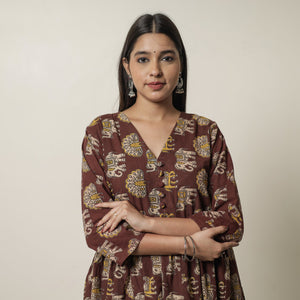 Brown - Kalamkari Printed Cotton Flared Kurta 06