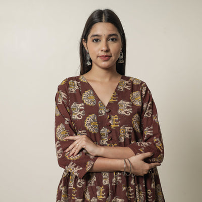 Brown - Kalamkari Printed Cotton Flared Kurta 06