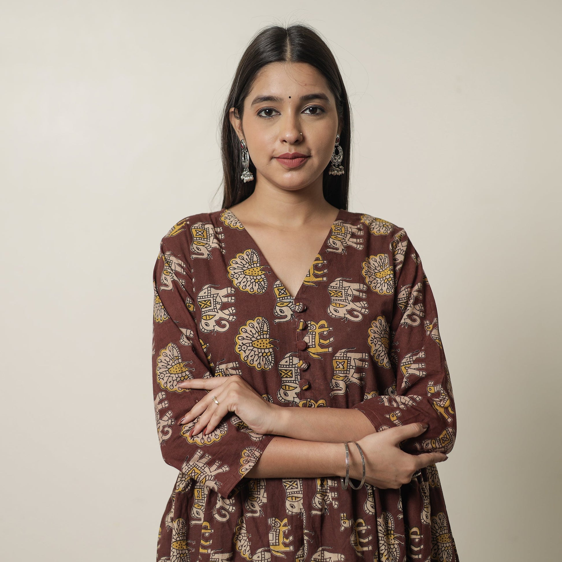 Brown - Kalamkari Printed Cotton Flared Kurta 06