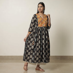 Black - Kalamkari Printed Cotton Flared Kurta with Patchwork 13