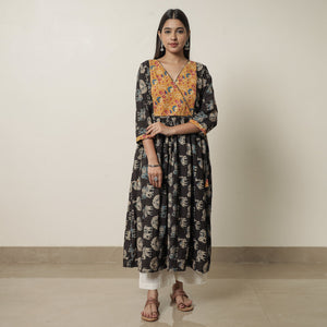 Black - Kalamkari Printed Cotton Flared Kurta with Patchwork 13