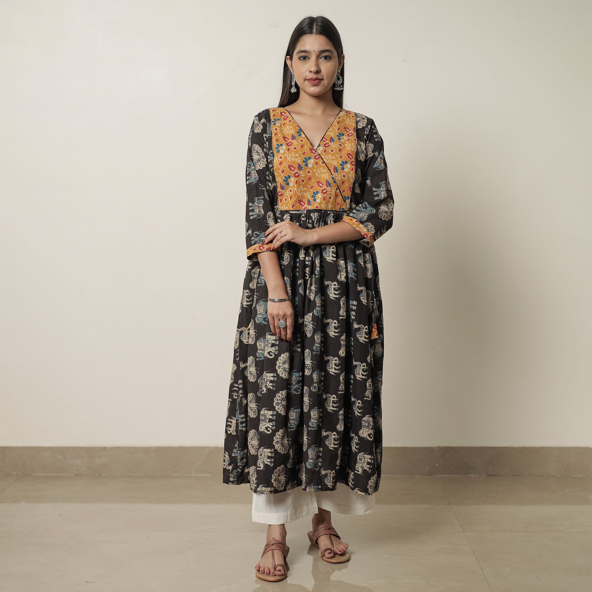 Black - Kalamkari Printed Cotton Flared Kurta with Patchwork 13
