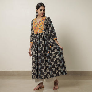 Black - Kalamkari Printed Cotton Flared Kurta with Patchwork 13