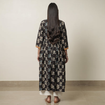 Black - Kalamkari Printed Cotton Flared Kurta with Patchwork 13